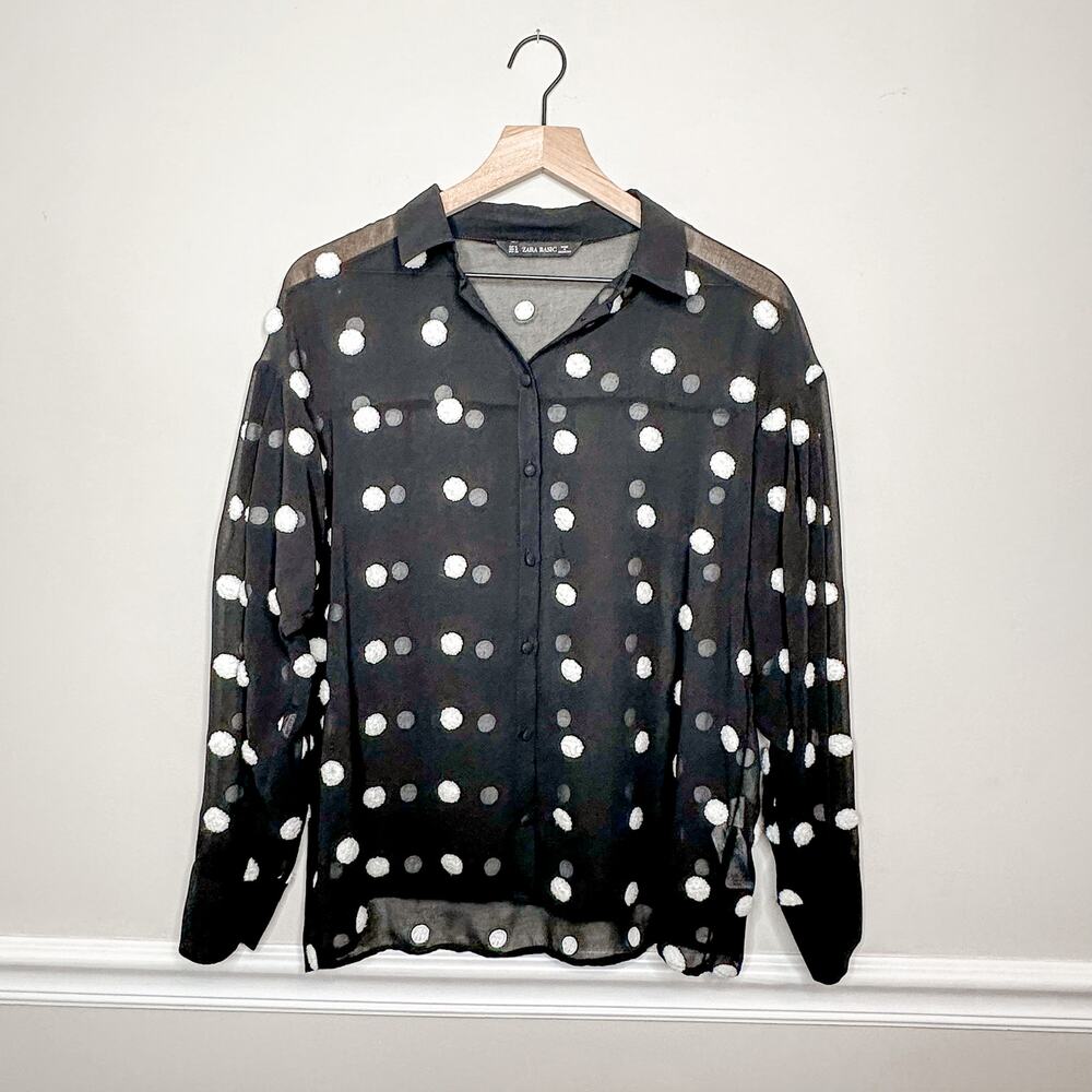 Zara Black Sheer LS Button Down with Textured Polka Dots